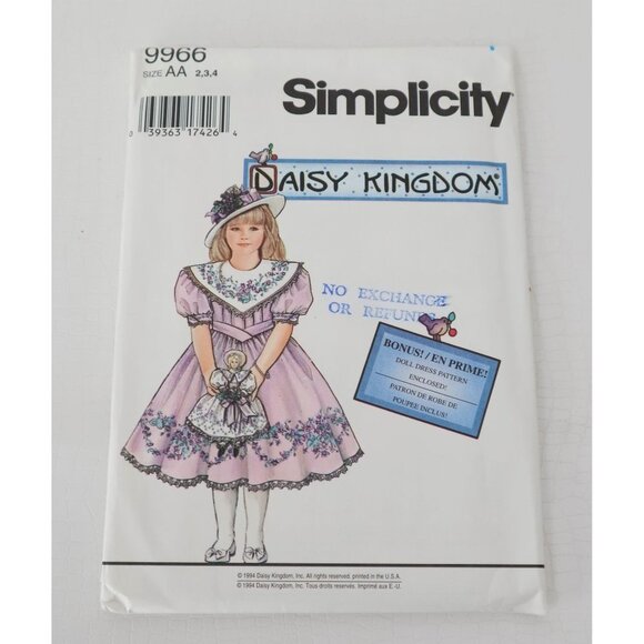 SIMPLICITY 9966 "Daisy Kingdom" Girls & Dolls Heirloom Dress UNCUT Size 2 3 4 - Picture 1 of 3
